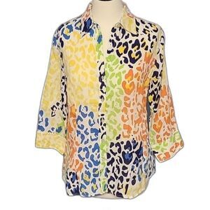 Paperwhite Women's 100% Linen Blouse Sz 8 Button Up Colorful Animal Print V Neck